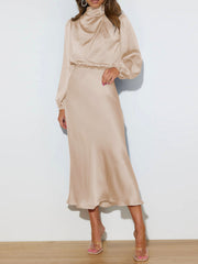 Effortless Mock Neck Satin Midi Dress