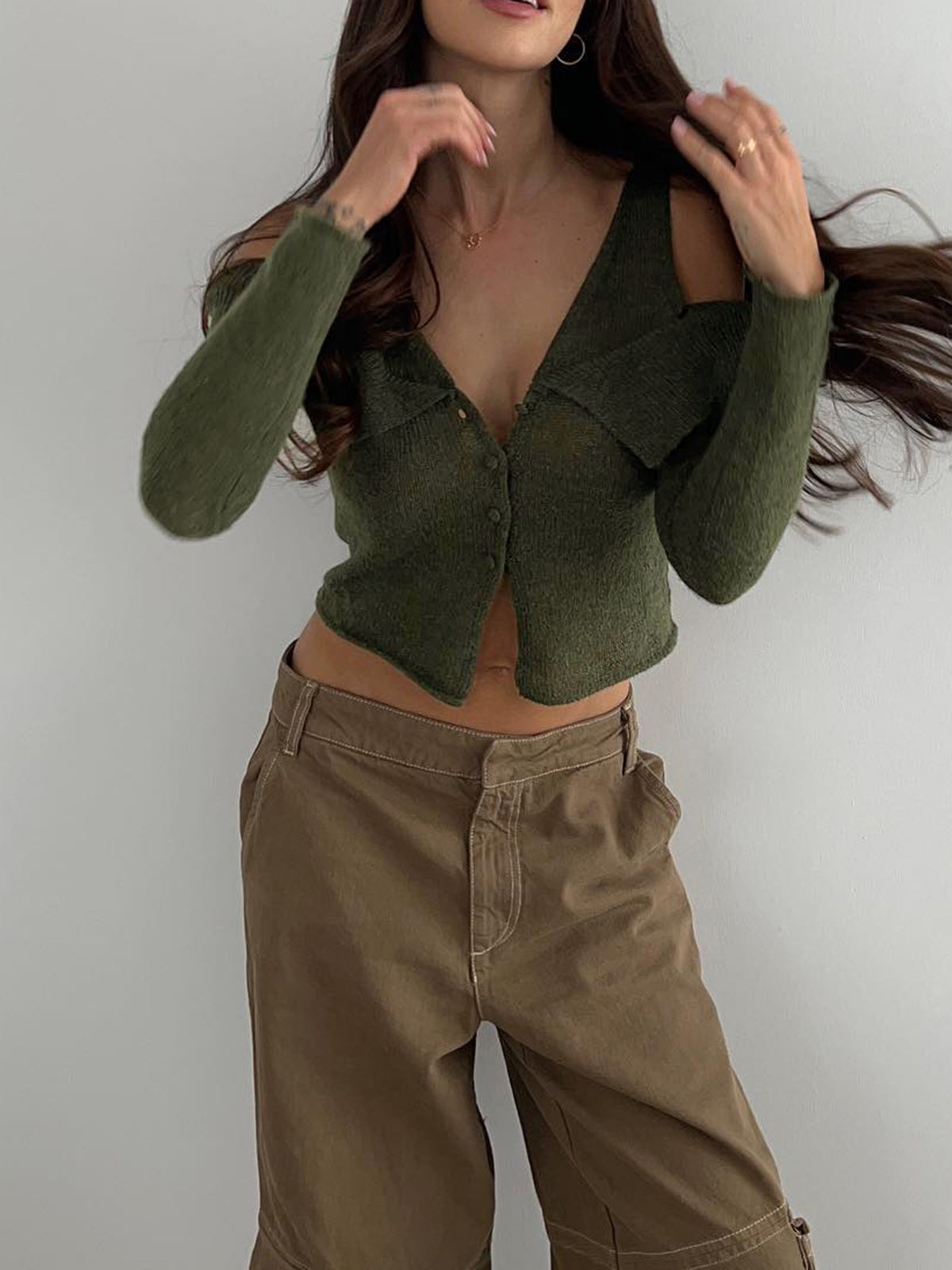 Shoulder Cutout Button Down Crop Knit Top