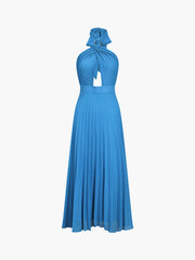 Pleat Halter Open Back Zippered Long Dress