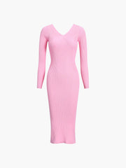 Barbiecore Long Sleeve Rib Midi Dress