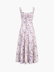 Violet Roses Floral Zippered Slit Milkmaid Midi Dress