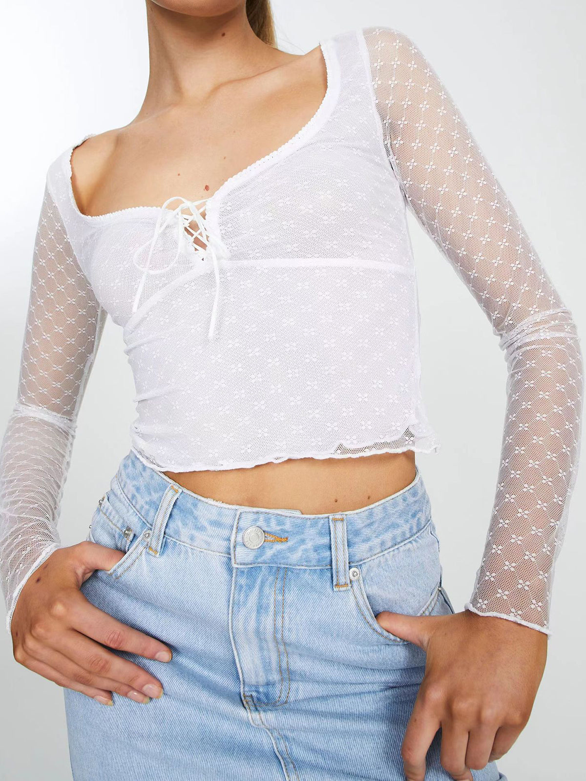 Floral Mesh Long Sleeve Tied Crop Blouse