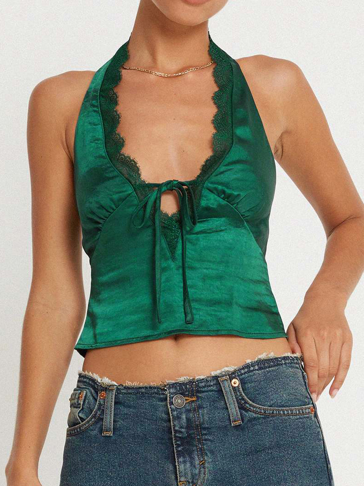 Halter Open Back Satin Lace Top