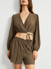 Cocoa Bean Puff Sleeve Tied Two Piece Shorts Set