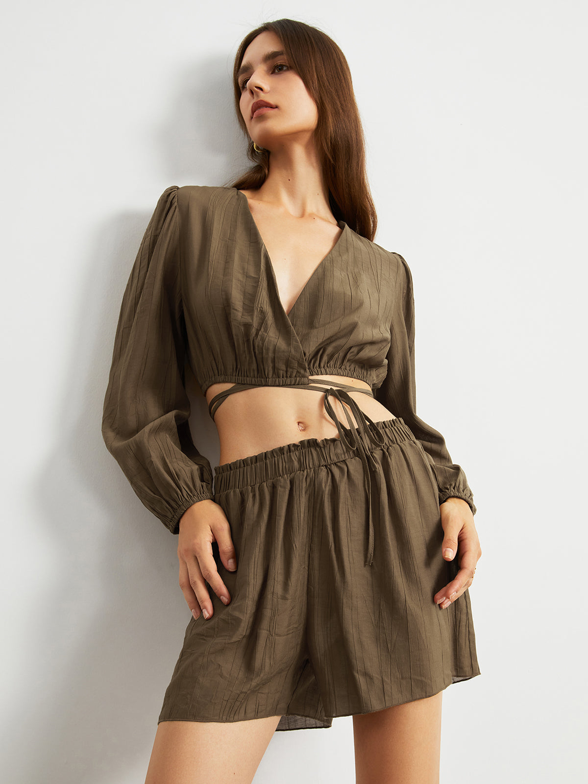 Cocoa Bean Puff Sleeve Tied Two Piece Shorts Set