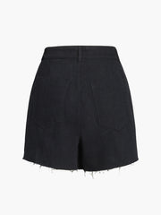 Asymmetric Buttoned Raw Hem Black Denim Shorts