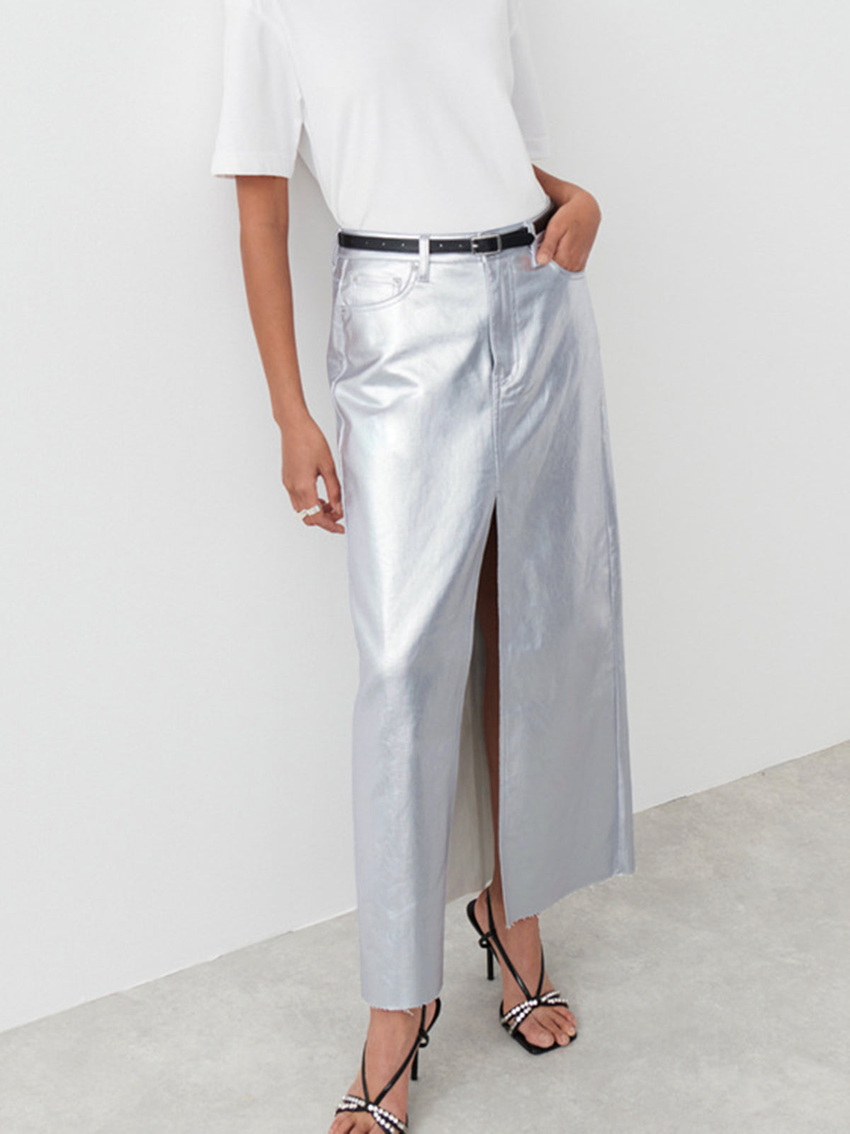 Metallic Faux Leather Maxi Skirt