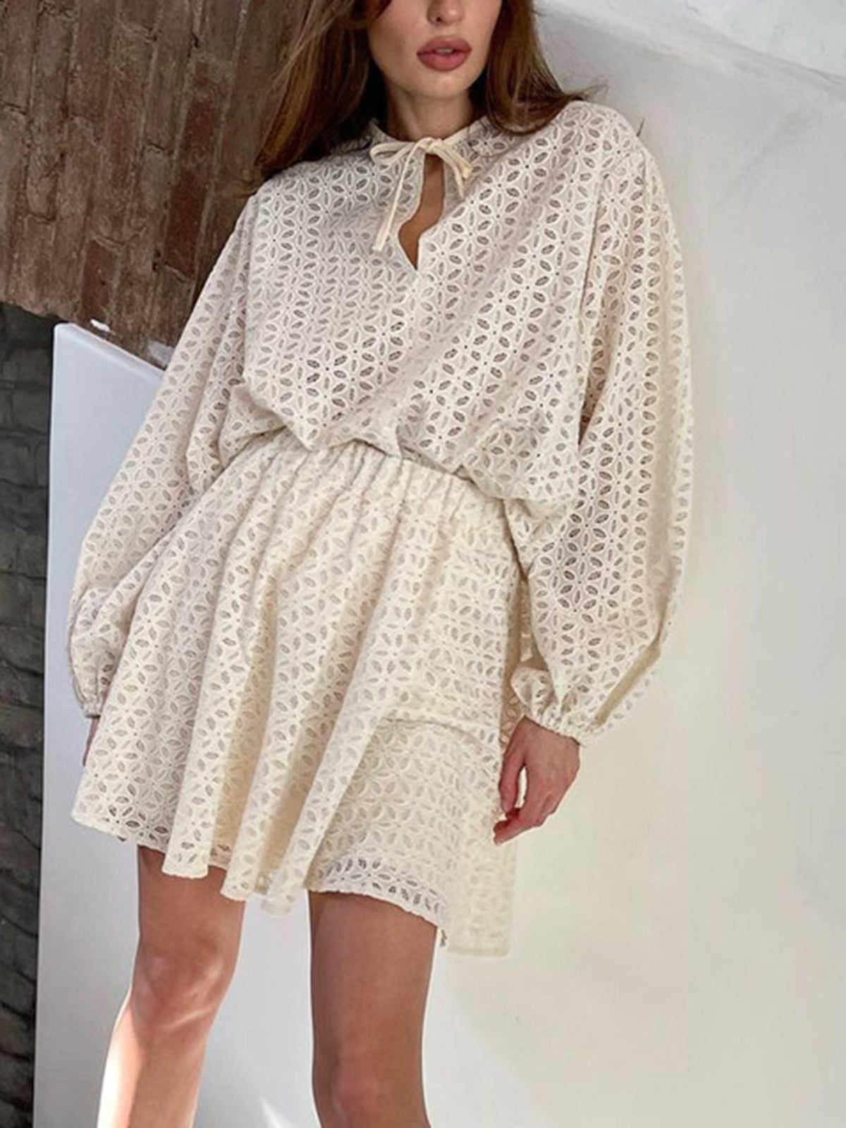 Floral Eyelet Long Sleeve Two Piece Skirt Set