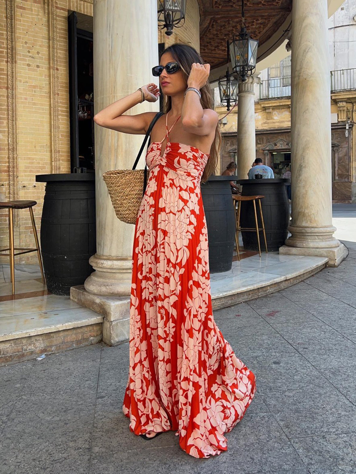 Peony Floral Pleat Zippered Maxi Dress