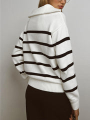 Stripe Collared Zippered Pullover Sweater