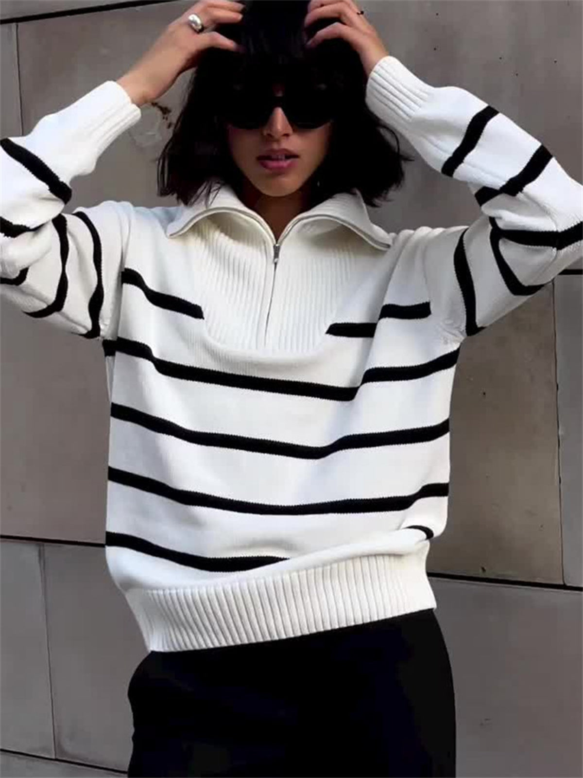 Stripe Collared Zippered Pullover Sweater