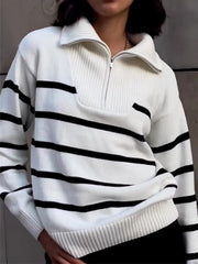 Stripe Collared Zippered Pullover Sweater