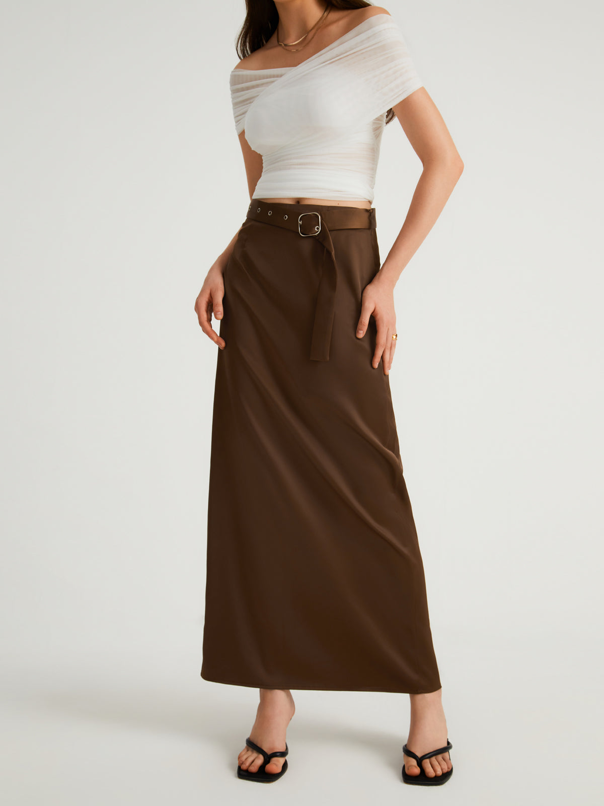 Satin Belted Maxi Skirt