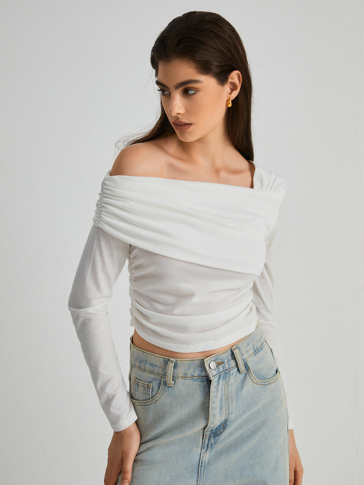 Asymmetric Off Shoulder Long Sleeve Shirt