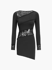 Combination Floral Lace Long Sleeve Short Dress