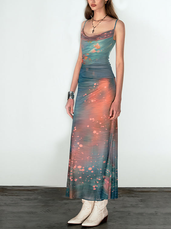 Blazing Nights Cowl Neck Mesh Long Dress