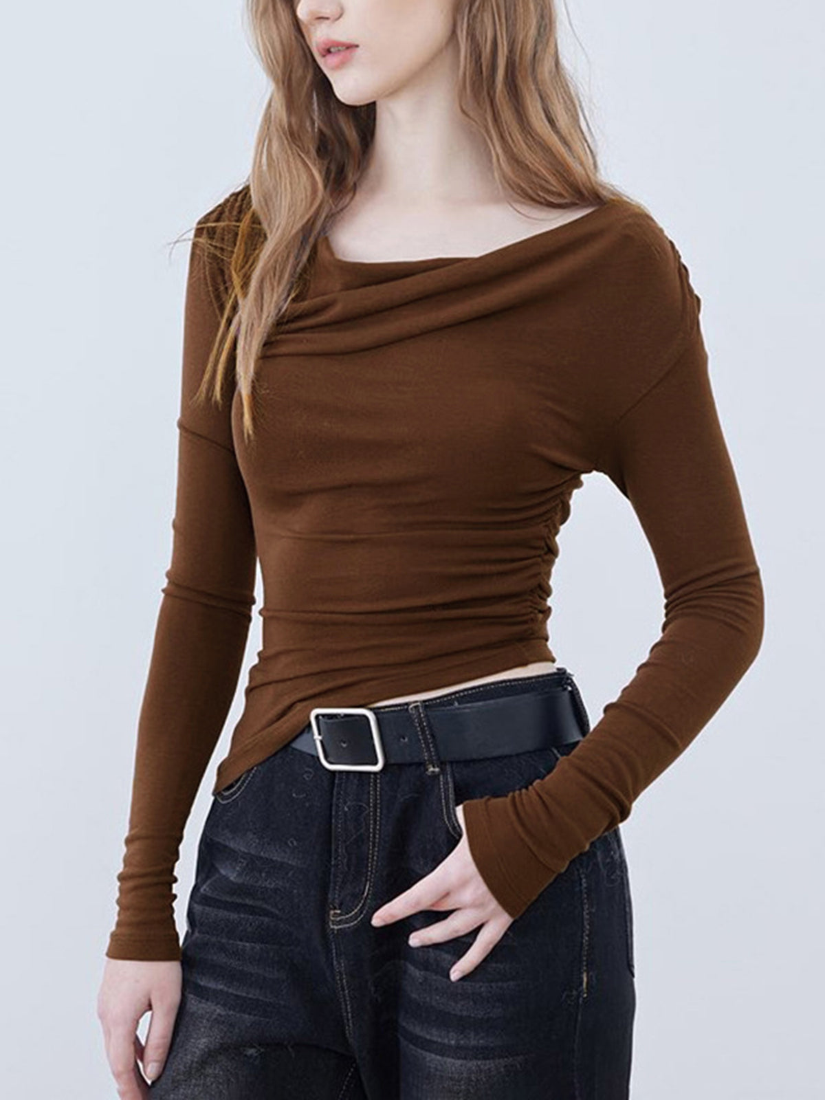 Asymmetric Neckline Ruched Long Sleeve Shirt