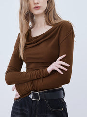 Asymmetric Neckline Ruched Long Sleeve Shirt