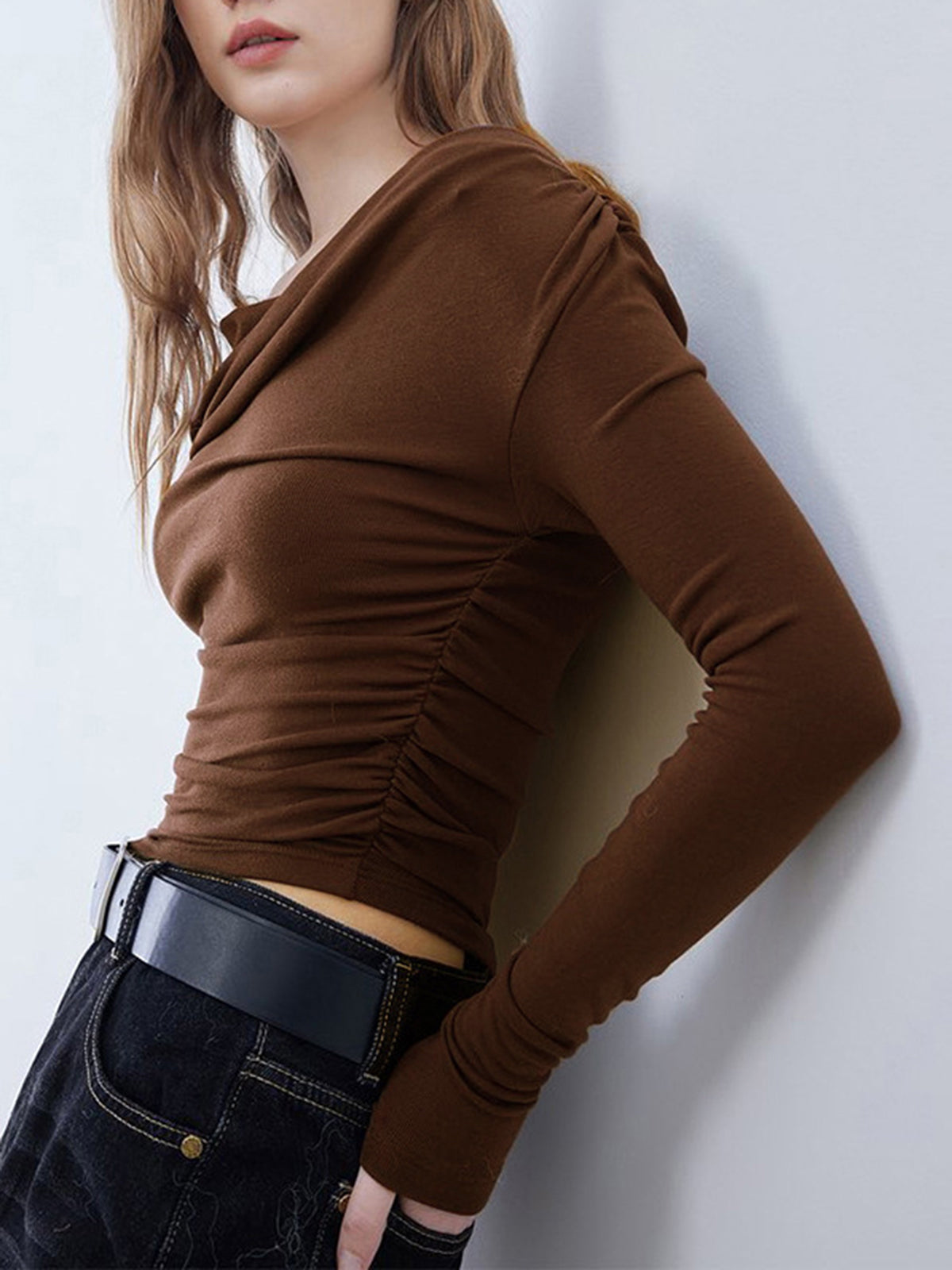 Asymmetric Neckline Ruched Long Sleeve Shirt