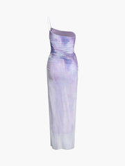 Lilac Tie Dye Ombre Mesh Ruched Midi Dress