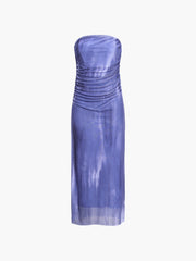 Lilac Mesh Ruched Tube Midi Dress