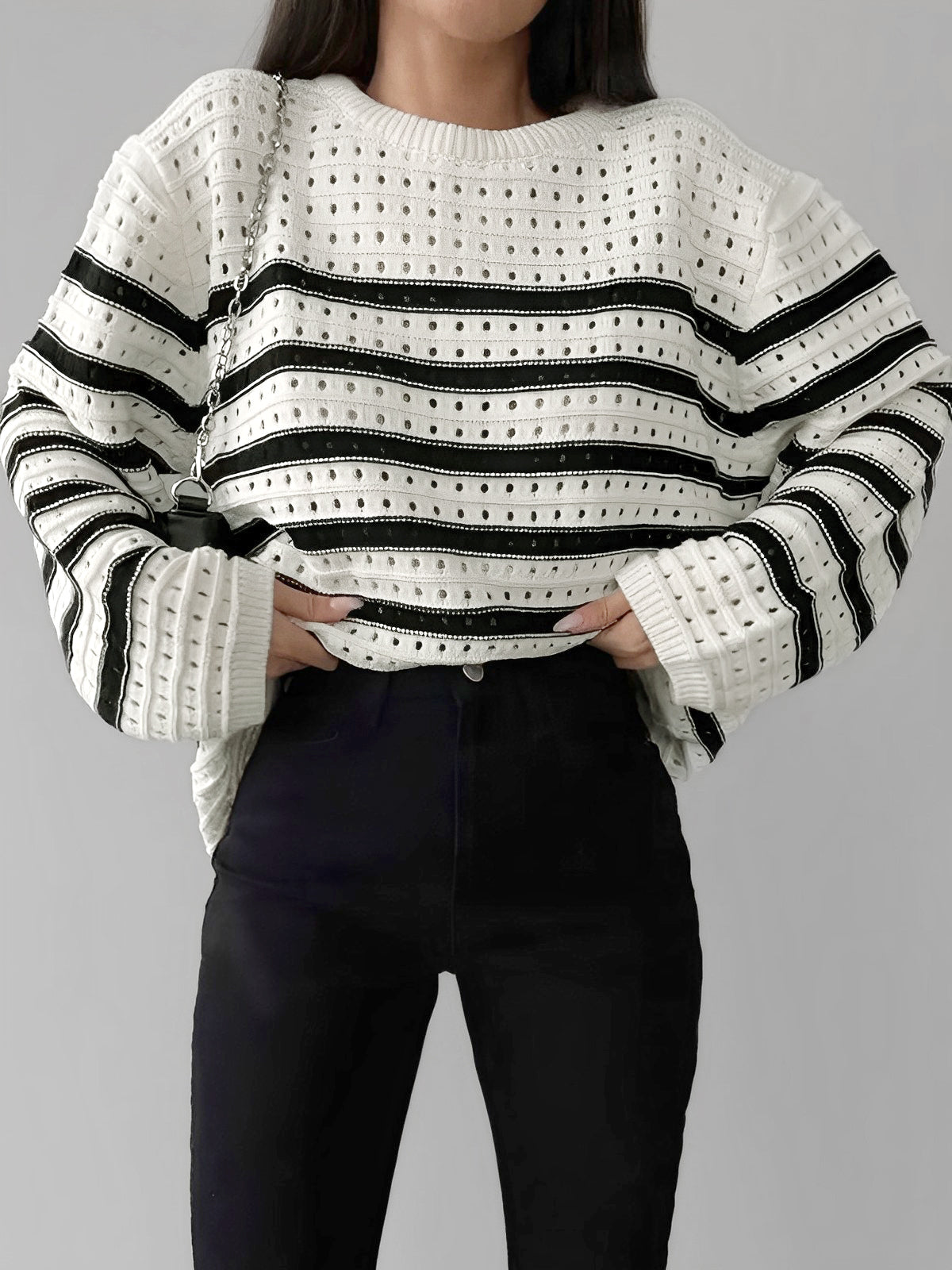 Know Your Worth Eyelet Stripe Sweater