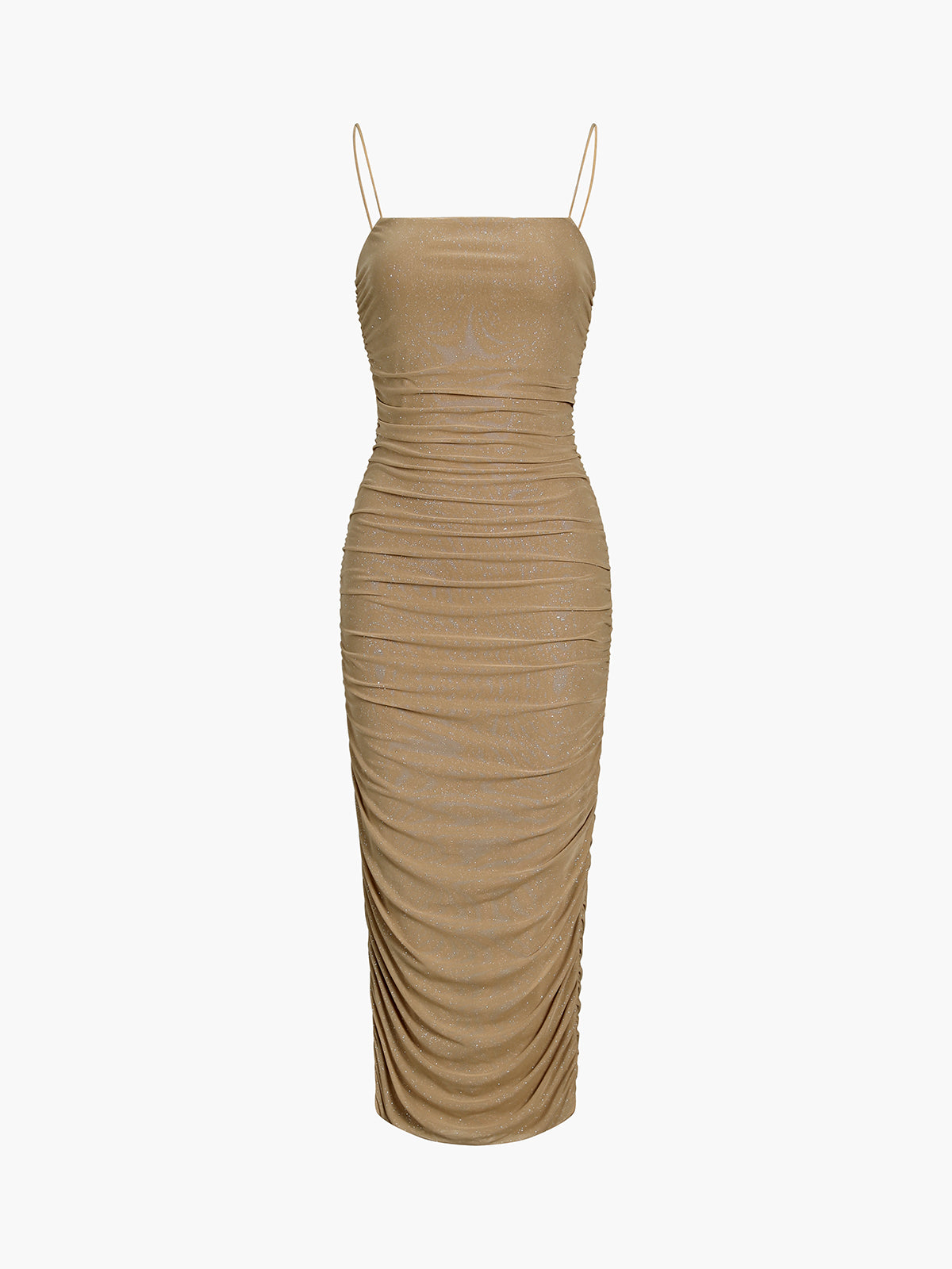 Cappuccino Ruched Glitter Mesh Midi Dress