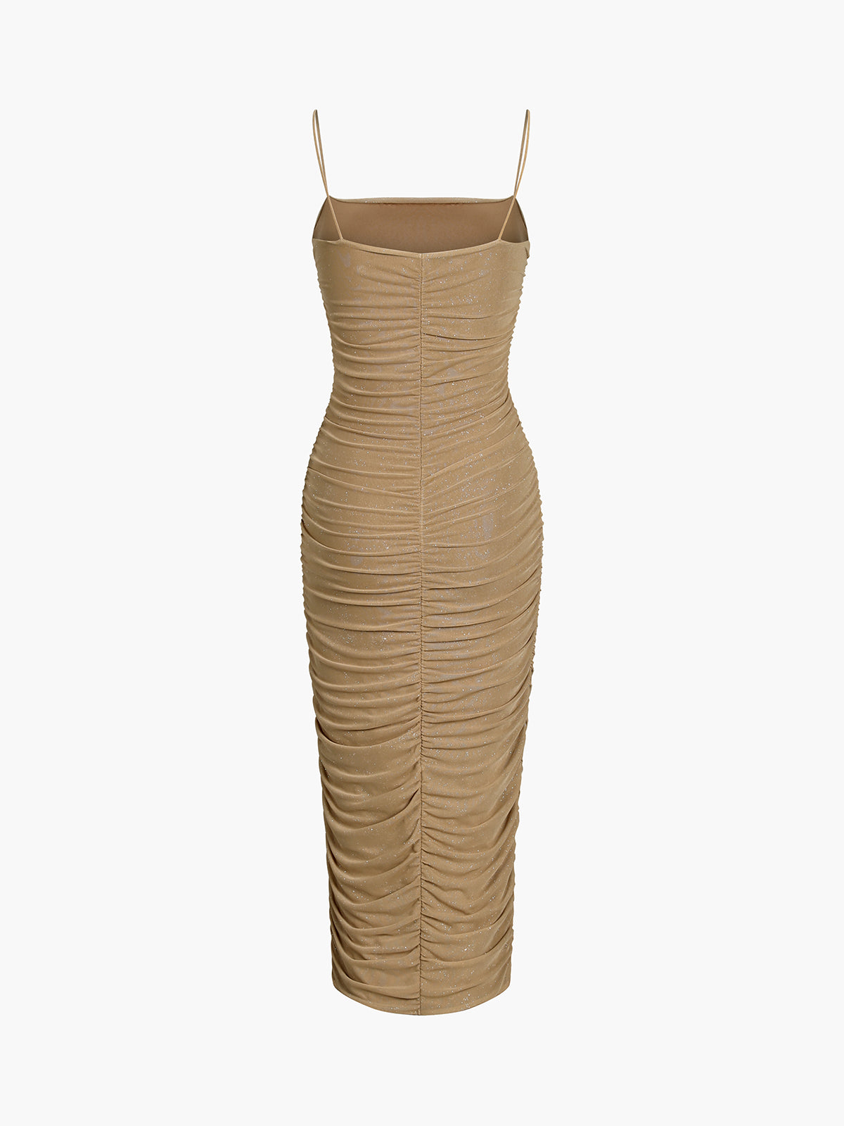 Cappuccino Ruched Glitter Mesh Midi Dress