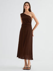 Cocoa Beans Open Back One Shoulder Midi Dress