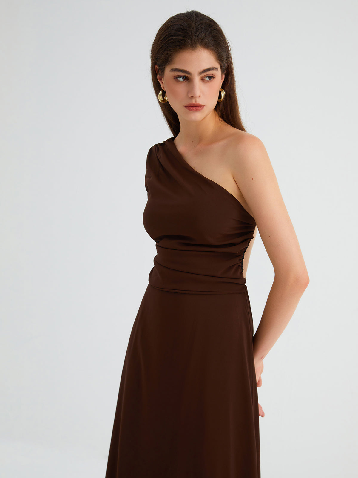 Cocoa Beans Open Back One Shoulder Midi Dress