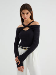 Knotted Cutout Off Shoulder Knit Top