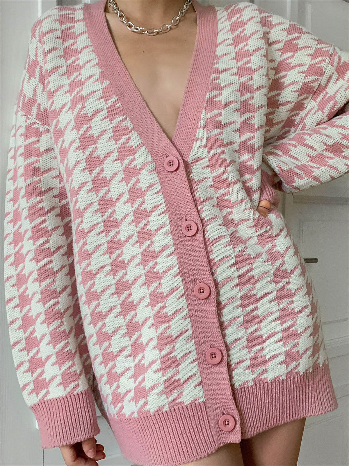 Oversized Barbiecore Houndstooth Cardigan