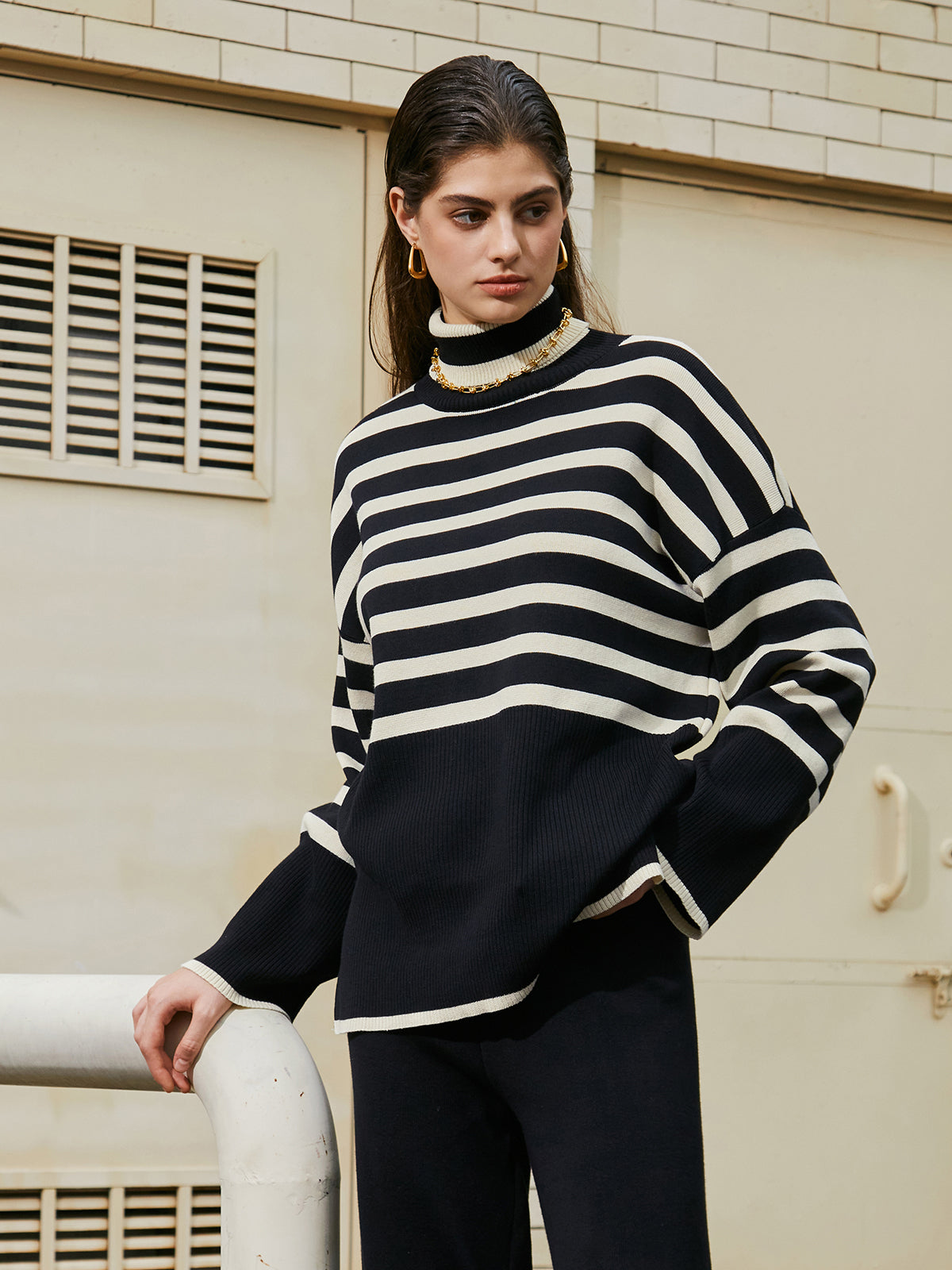 Parisian Stripe Two Piece Turtleneck Sweater Pants Set