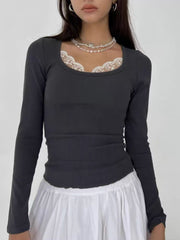 Lace Trim Long Sleeve Top