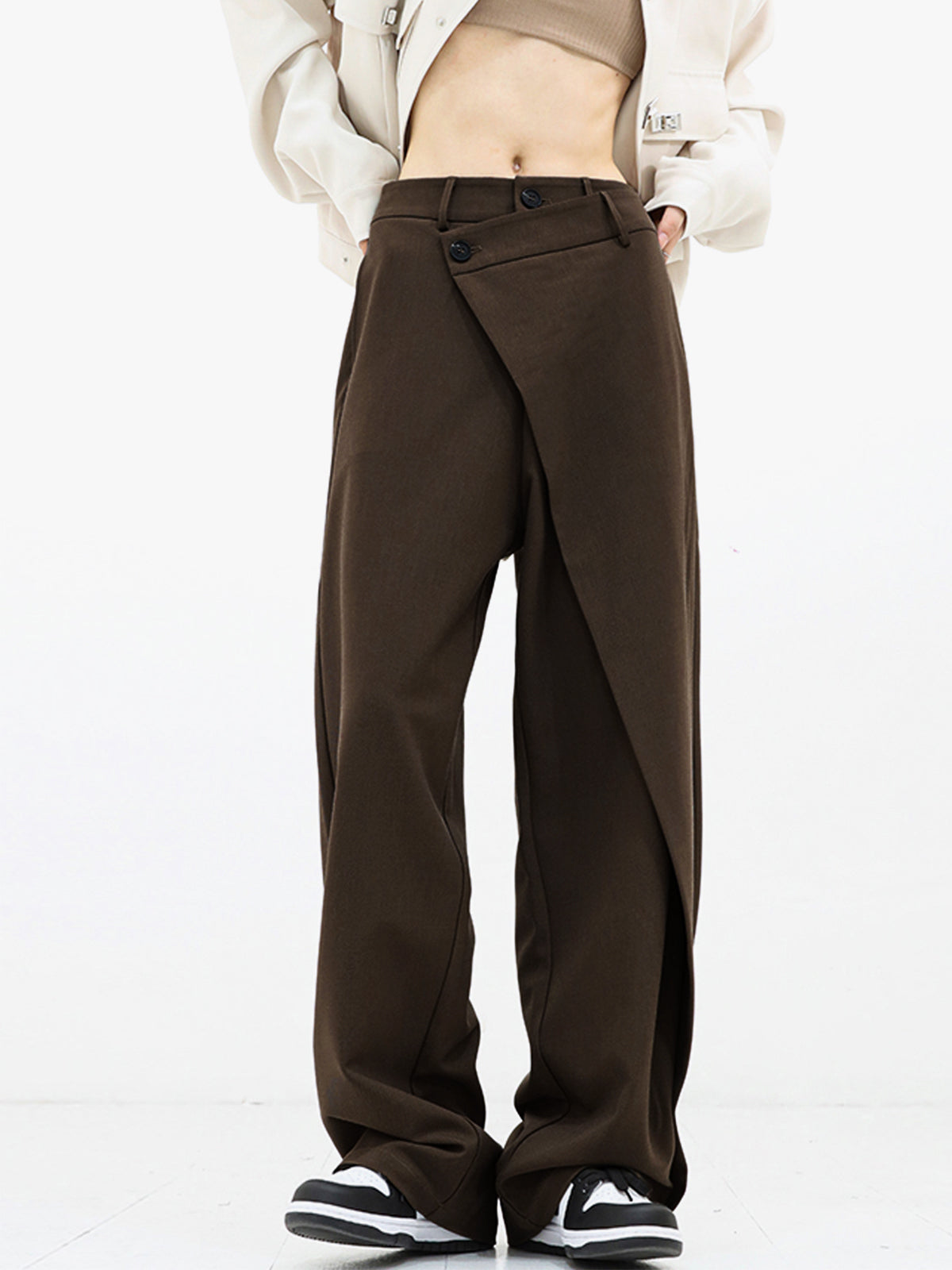 Asymmetrical Layer Button Wide Leg Dress Pants