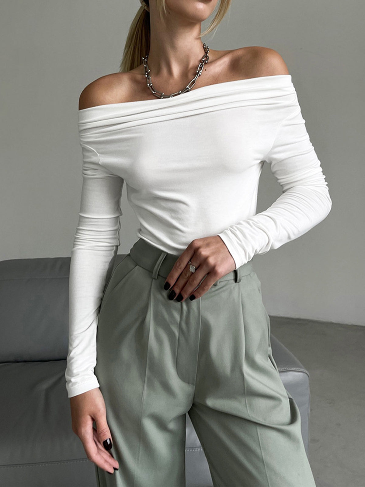 Off Shoulder Ruched Long Sleeve Top