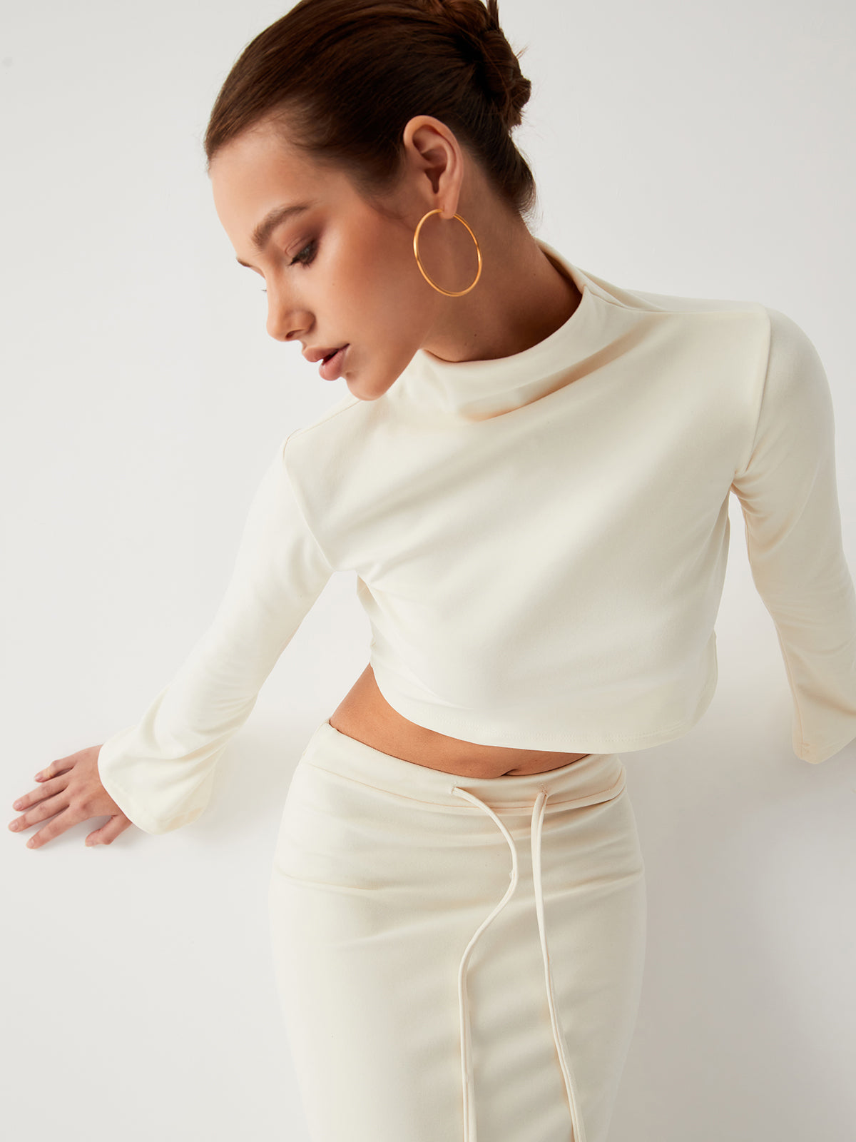 Mock Neck Long Sleeve Crop Shirt Two Piece Skirt Set