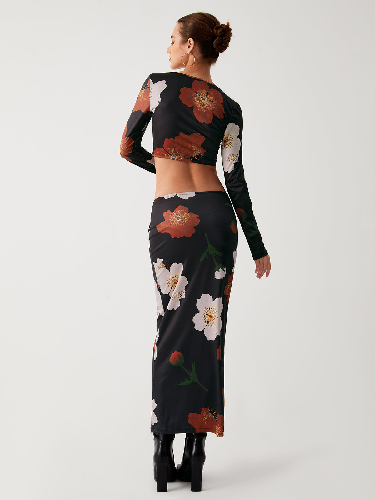 Plum Blossom Long Sleeve Two Piece Skirt Set