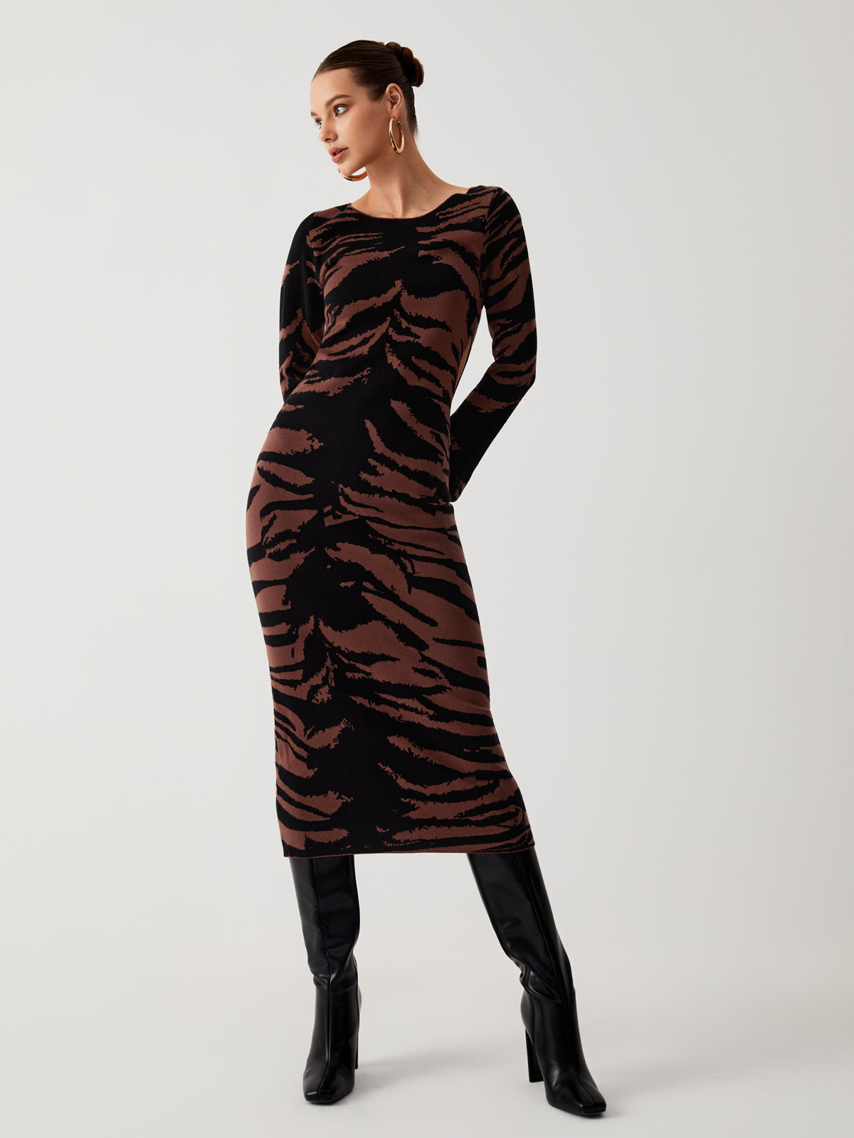 Tiger Print Cutout Long Sleeve Midi Sweater Dress