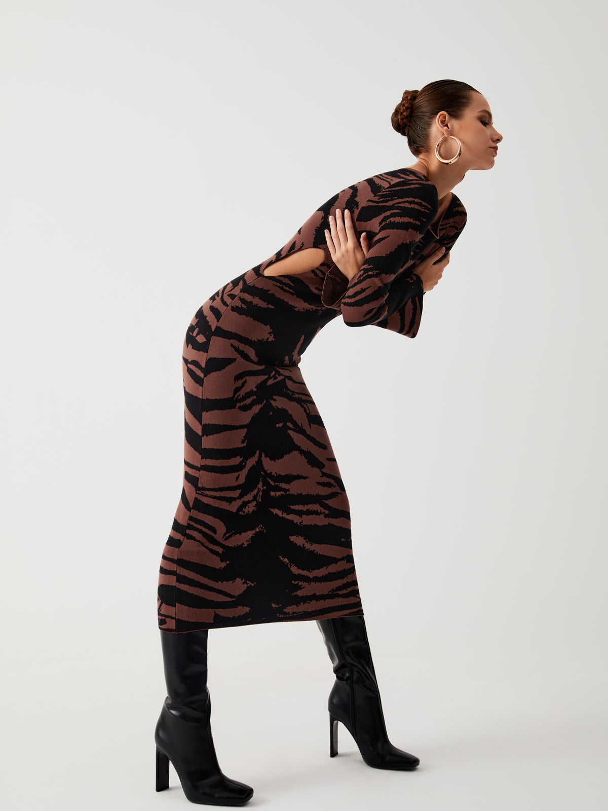 Tiger Print Cutout Long Sleeve Midi Sweater Dress