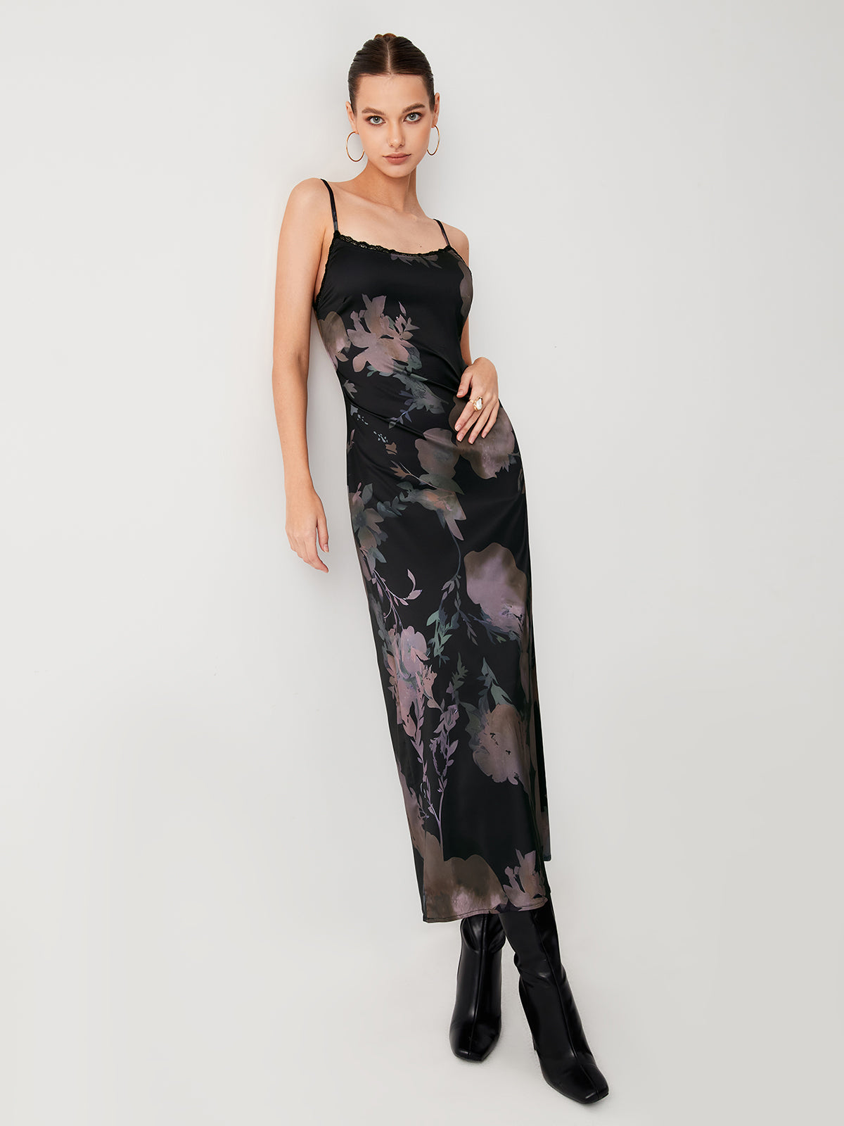 Floral Satin Open Back Midi Dress