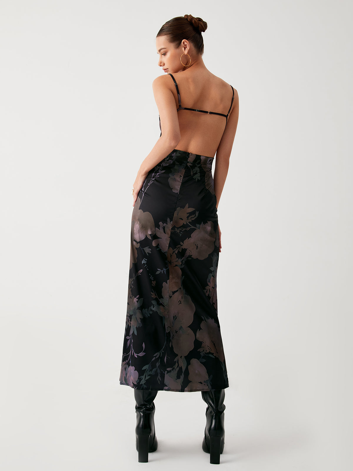 Floral Satin Open Back Midi Dress