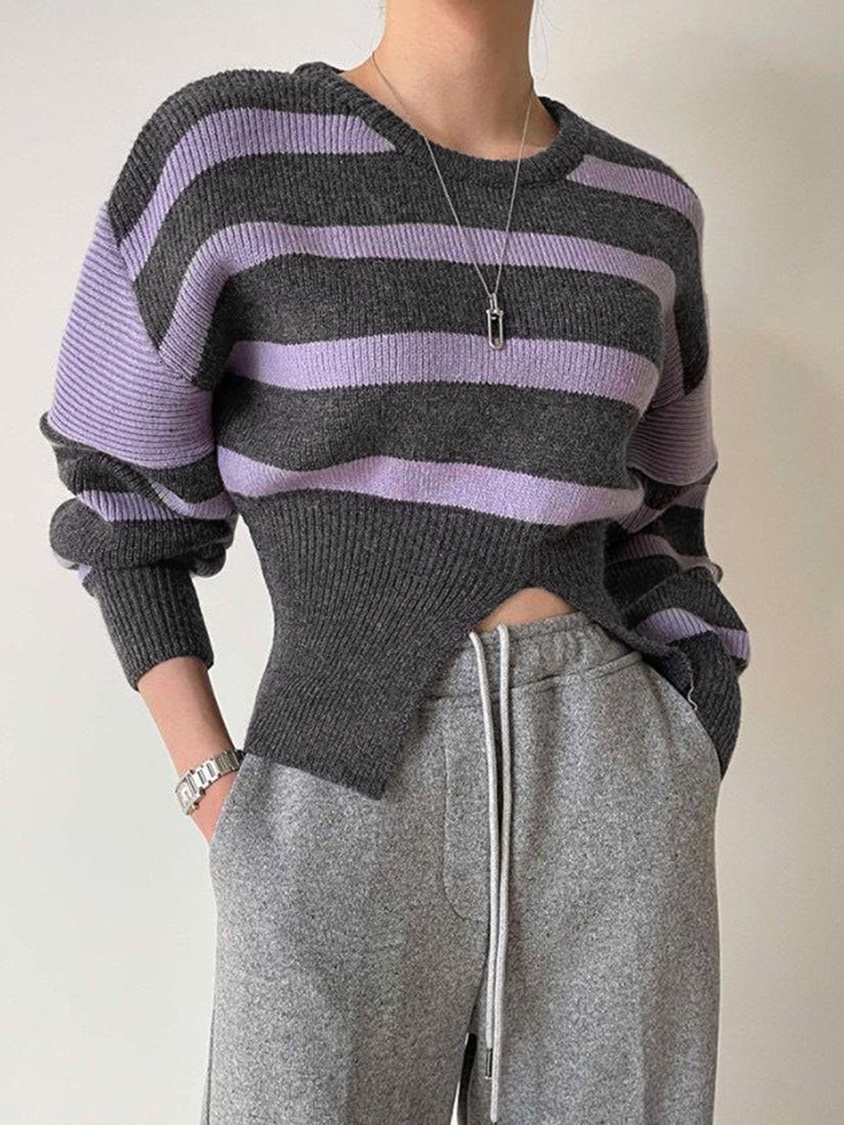 Stripe Asymmetric Notched Crop Sweater