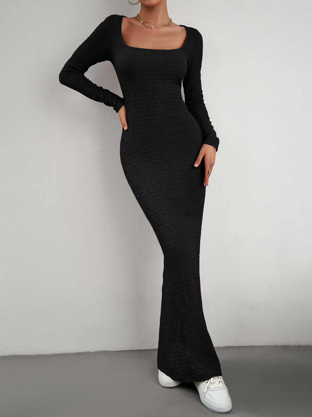 Crush Textured Long Sleeve Long Dress