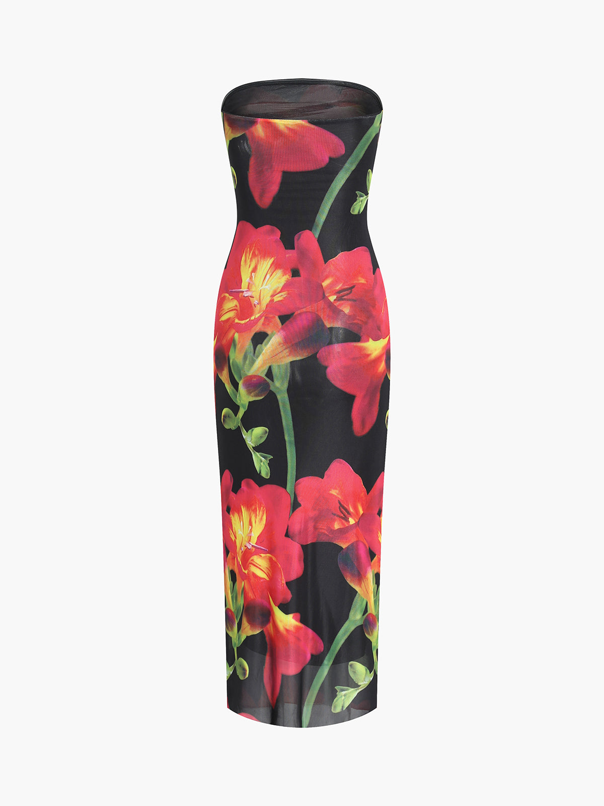 Poppy Floral Mesh Tube Midi Dress