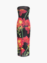 Poppy Floral Mesh Tube Midi Dress