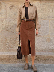 Caramel Corduroy Slit Midi Skirt