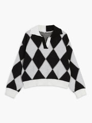 Open Collar Checkered Sweater