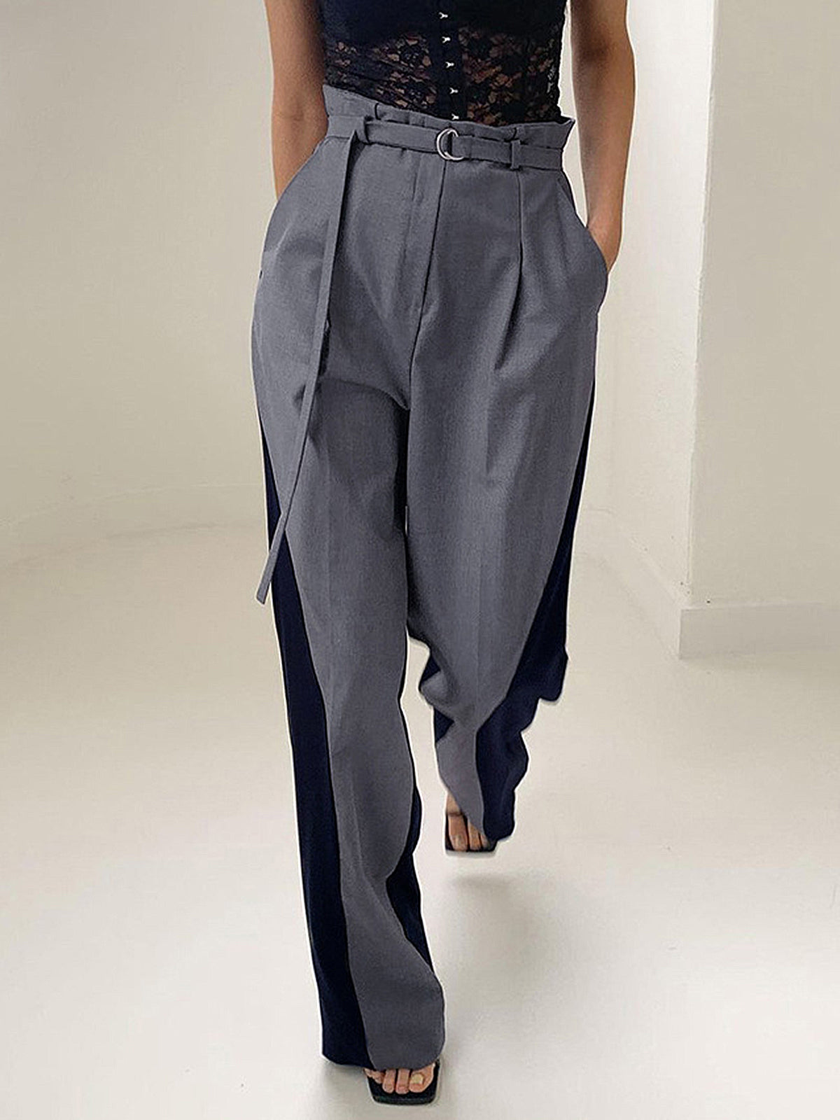 Belted Two Tone Wide Leg Pants