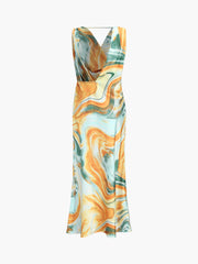 Watermarble Satin Cowl Neck Midi Dress